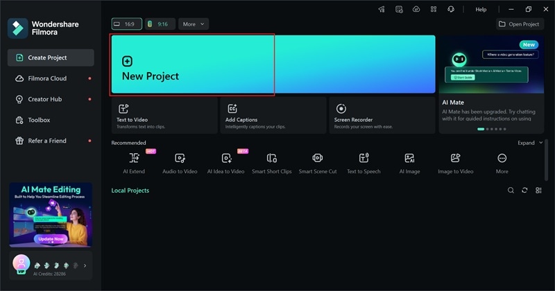 start a new project in filmora