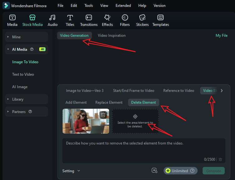 find ai video element delete feature