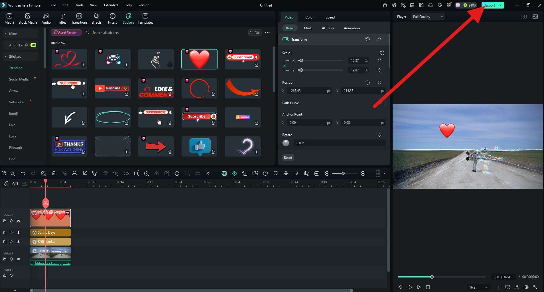 click on export button filmora desktop