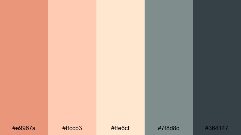 retro postcard blush dark salmon color palette with hex codes