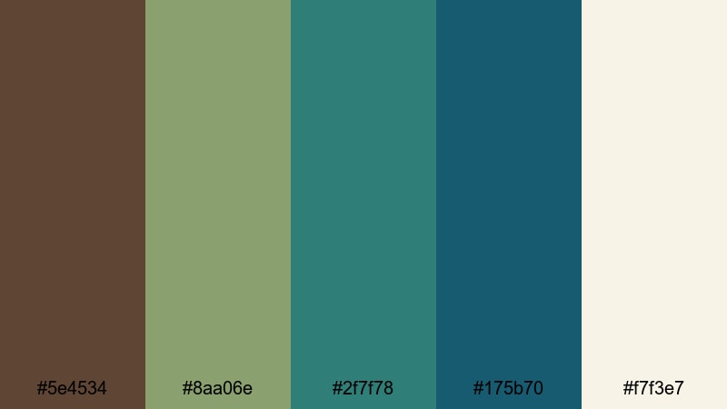 retro teal grade brown green blue color palette with hex codes