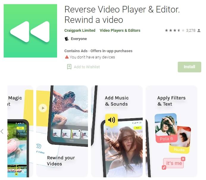 reverse video player editor speel video achteruit af