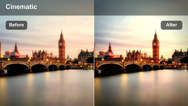 City bridge and skyline reflected sharply on calm river water at sunset.