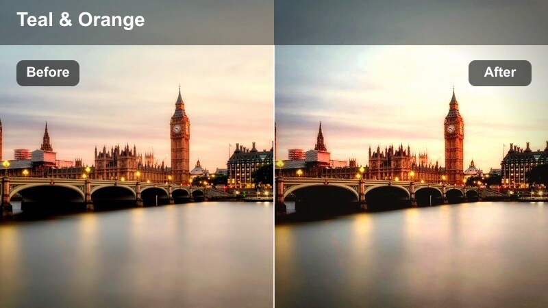 Cinematic faded filter on a city skyline at sunset shot from a rooftop.