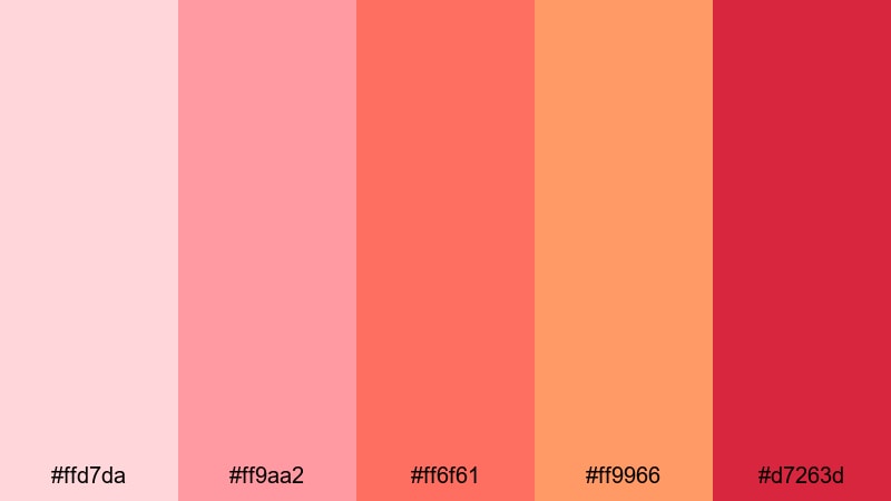 rosy sunset whisper pink red orange color palette with hex codes