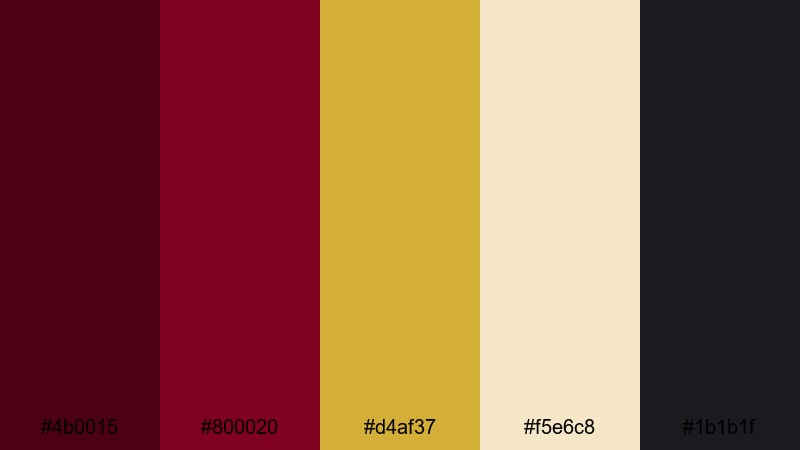 royal velvet gala maroon gold color palette with hex codes