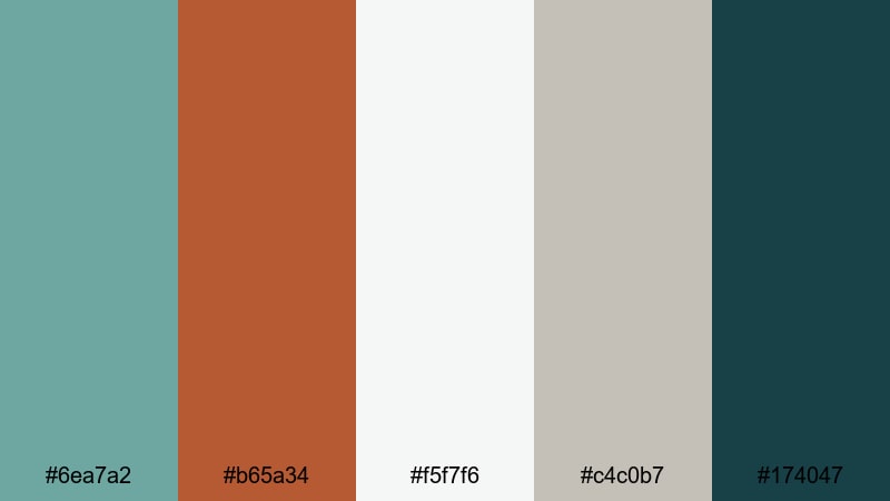 rustkissed surf mist teal rust color palette with hex codes