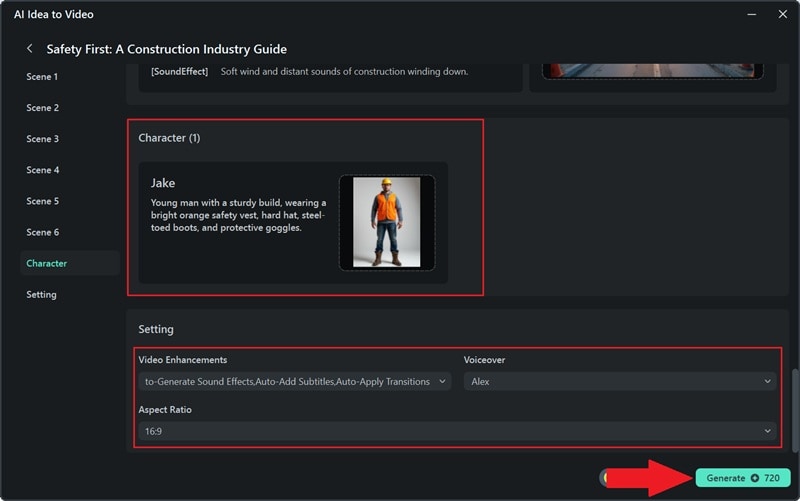 set character settings and generate video