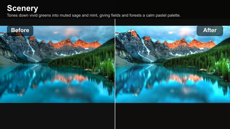 Rolling green hills shifted into soft sage pastel tones