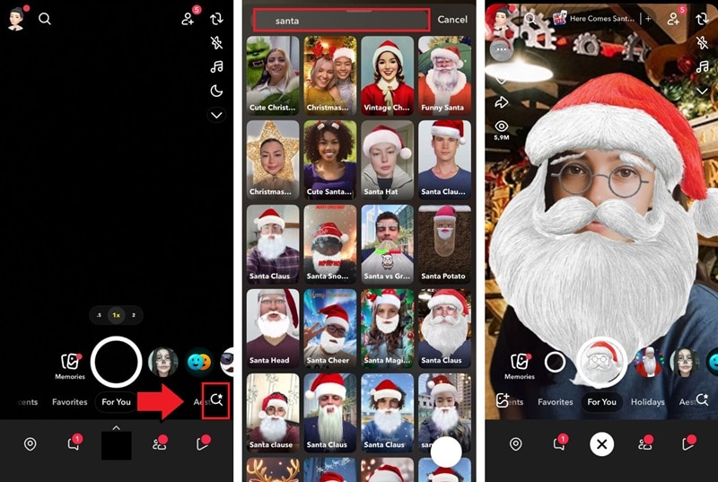 apply santa claus filter on snapchat