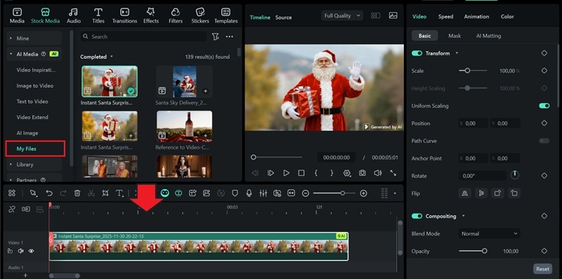 add ai santa claus video to timeline
