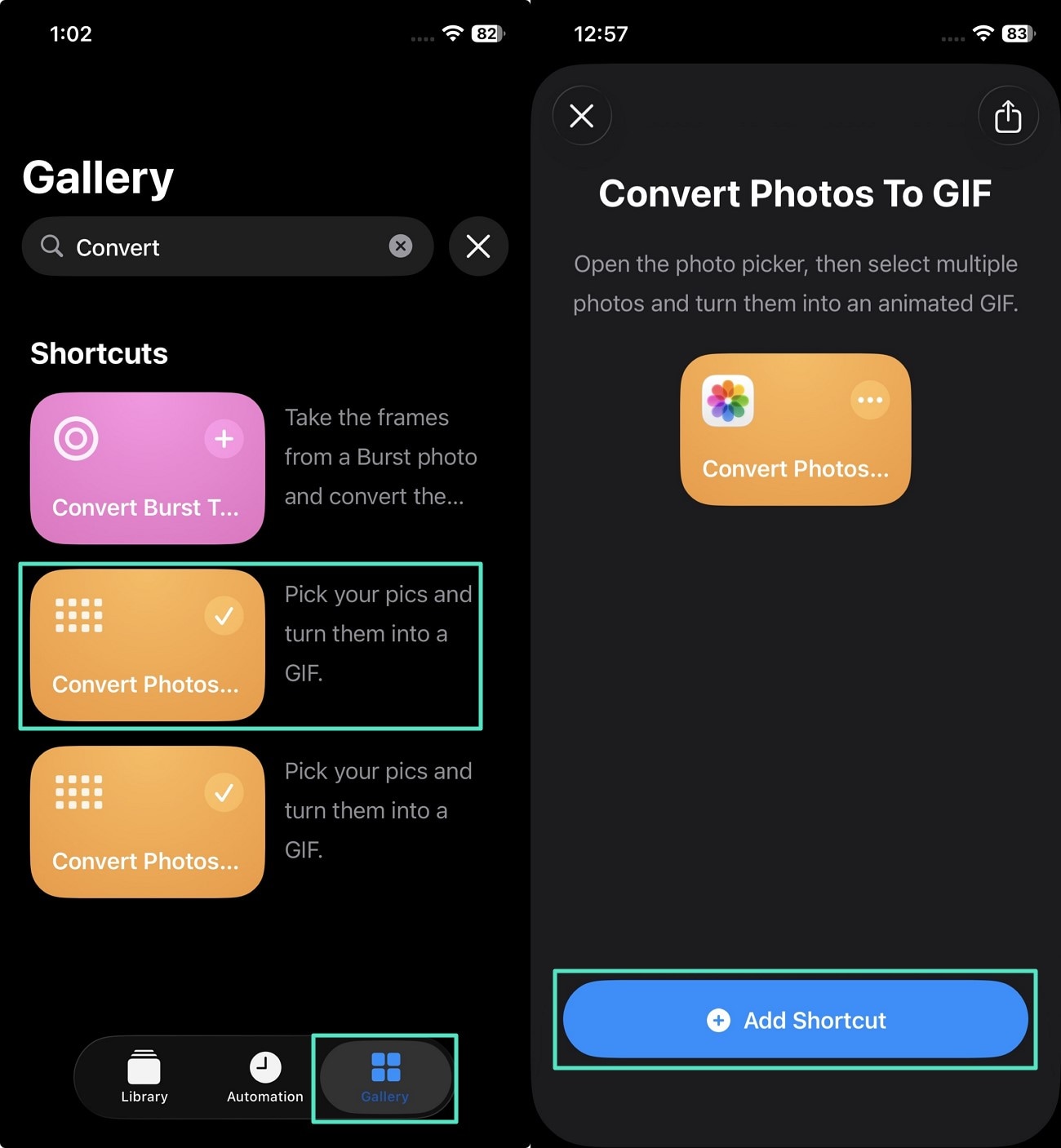 access covert photo to gif shortcuts