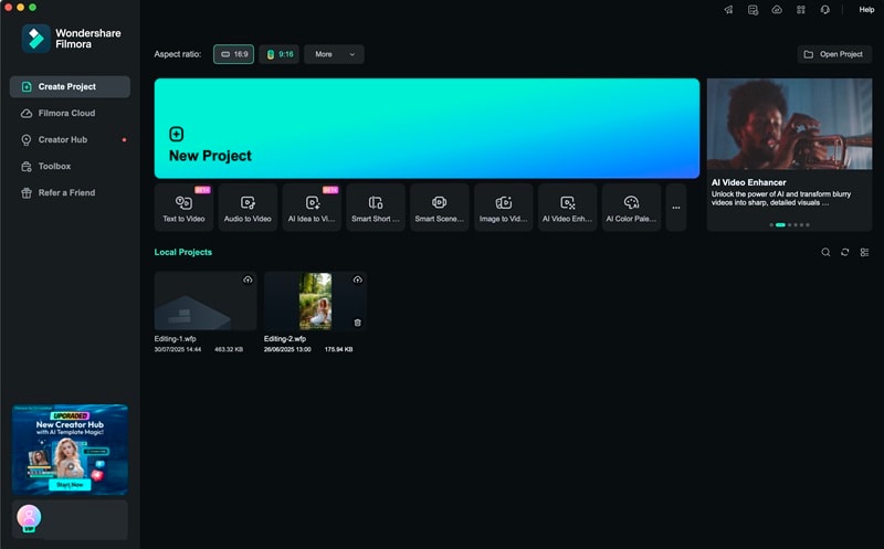 create new project filmora