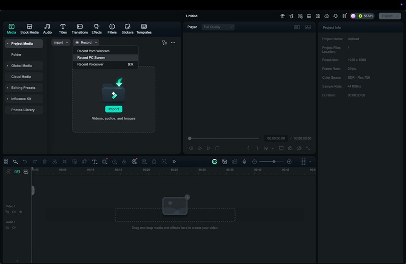 open screen recorder option filmora