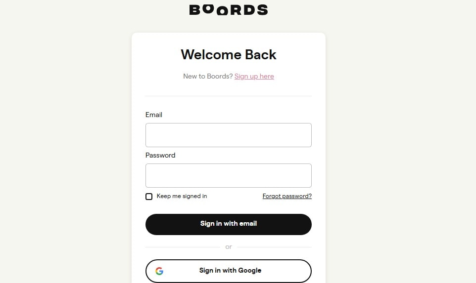boords login page