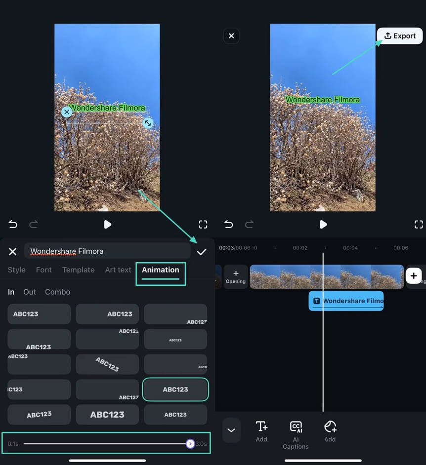 filmora animation and export on mobile