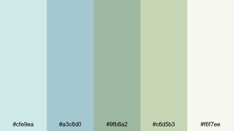 seafoam olive whisper blue olive green color palette with hex codes