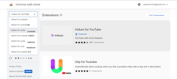 search irdium youtube extension