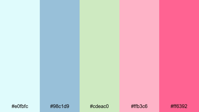 seaside cotton candy blue green red color palette with hex codes