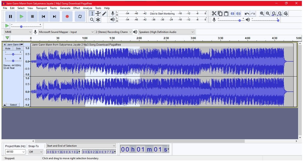 seleziona la porzione di audio per modificare l'intonazione audacity