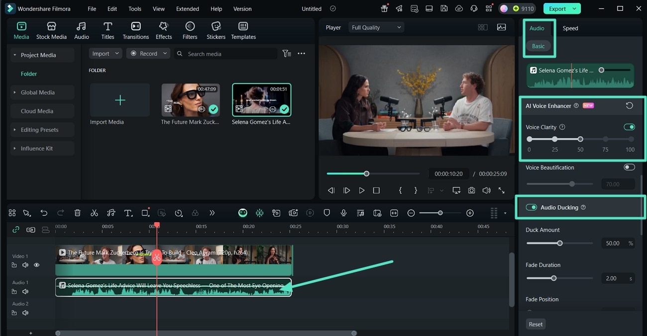 use ai voice enhancer and audio ducking