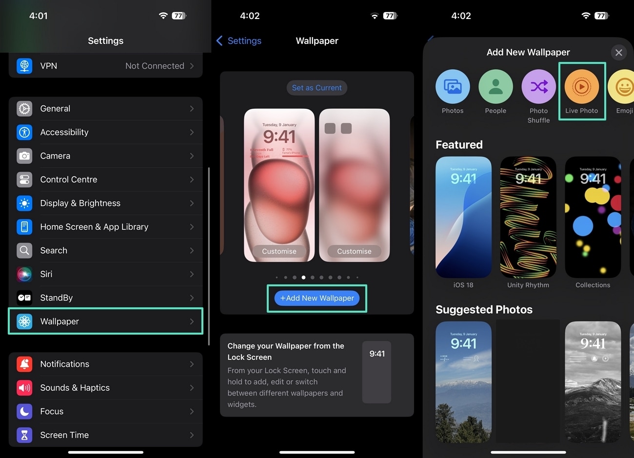 navigate to wallpapers settings iOS