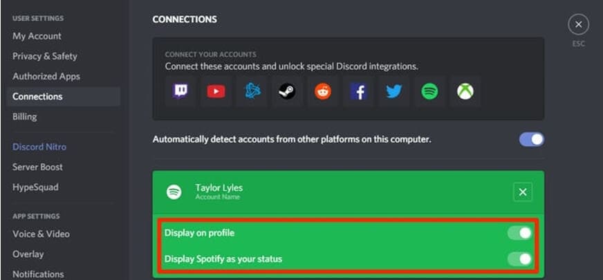 Connect  Spotify to  Discord and set as status