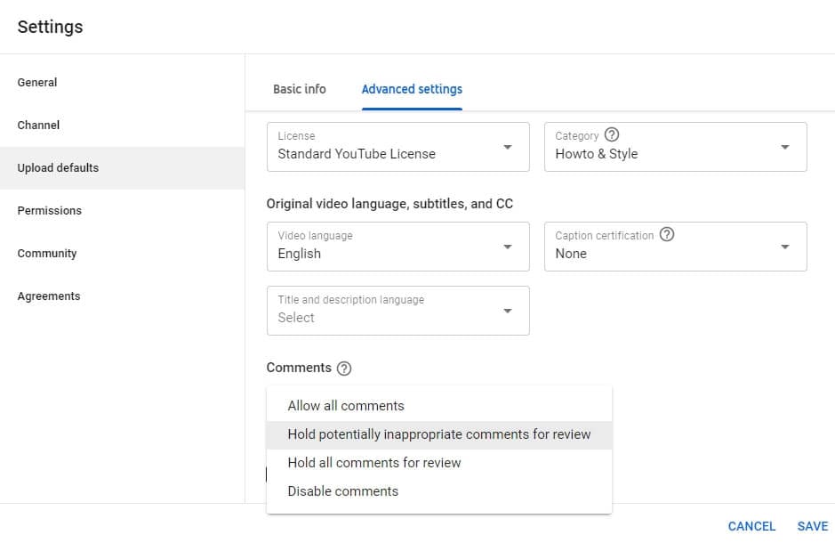  Set up YouTube video  Comments visibility