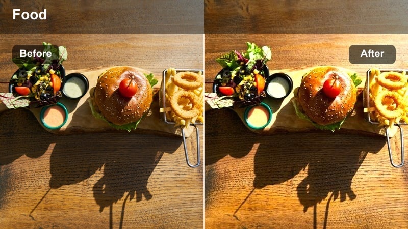 Balanced daylight filter on an outdoor cafe with umbrellas creating mixed sun and shade.