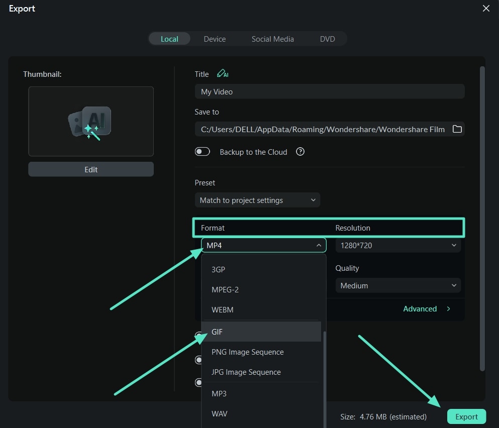 set file format gif mp4 export