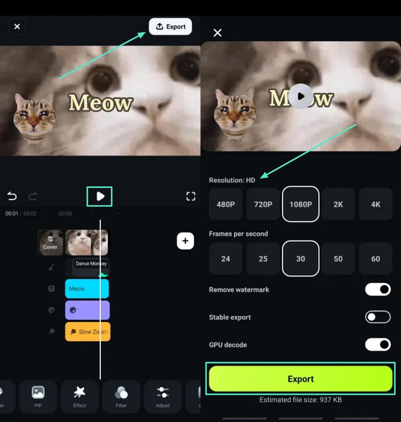 preview and export filmora app meme