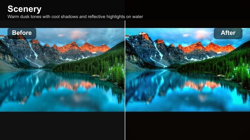 Shoreline at dusk with warm sky and cool reflective water