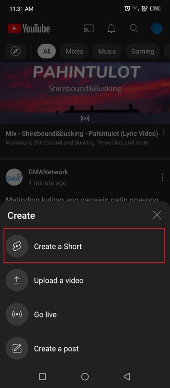 creating shorts on youtube app
