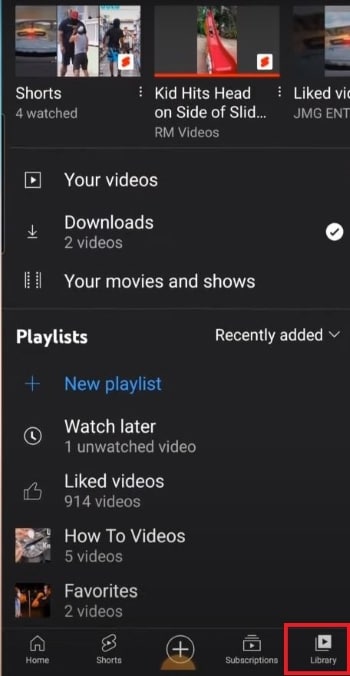 library tab on youtube mobile