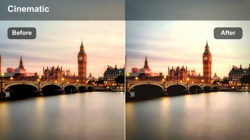 Softly lit downtown sidewalk with a couple walking in warm matte tones.