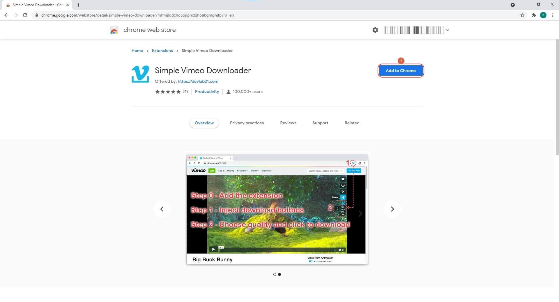  Simple Vimeo Downloader Extension page