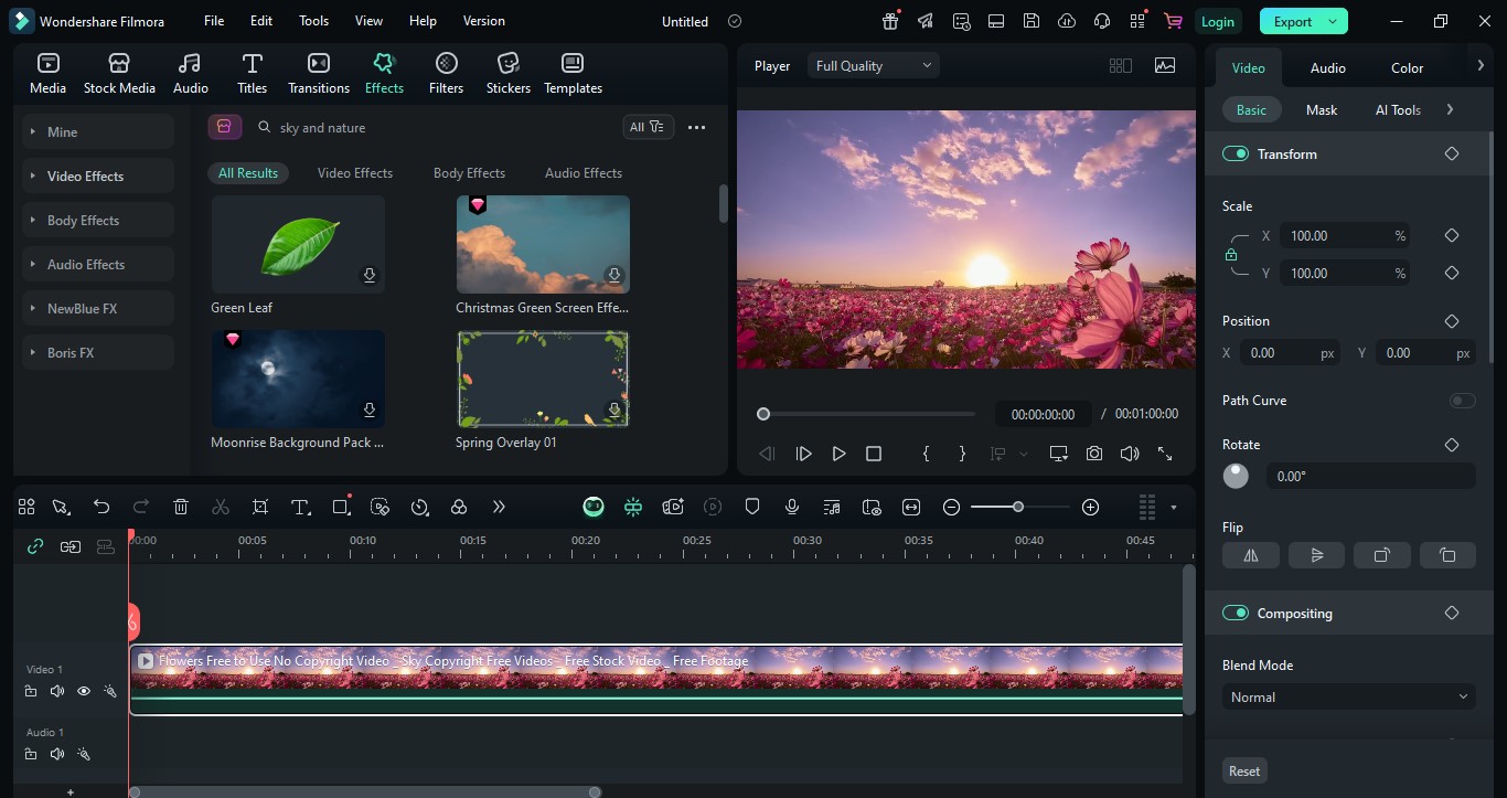 after importing, go to the effects tab and look for sky and nature