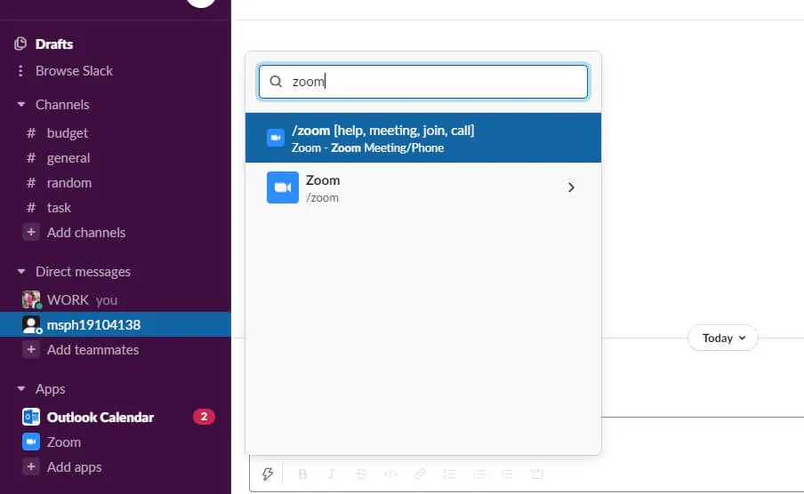 Kotak Obrolan Zoom di Slack