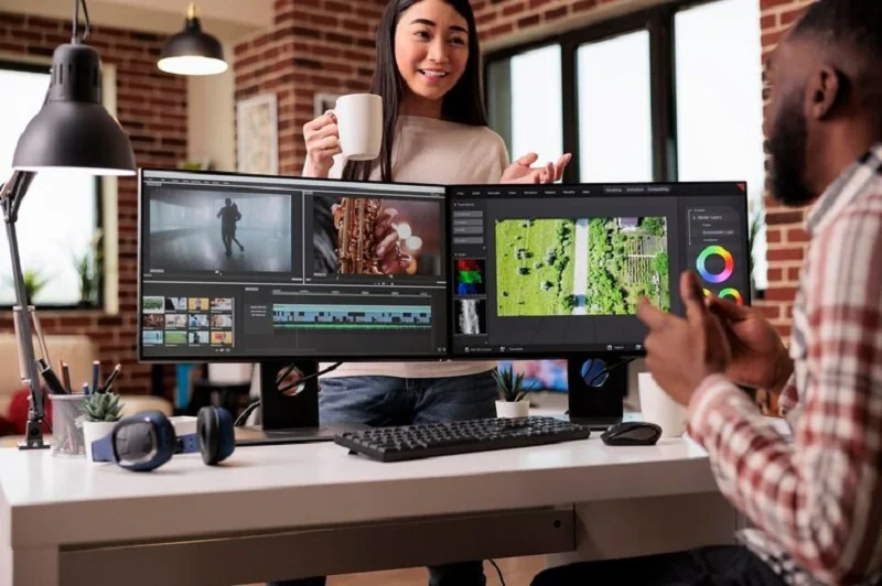 video editors working at modern office