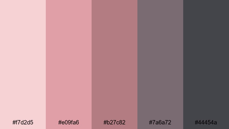 smoky petal glow gray red color palette with hex codes