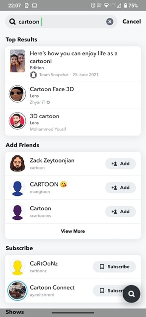 Snapchat 卡通鏡頭搜尋結果頁