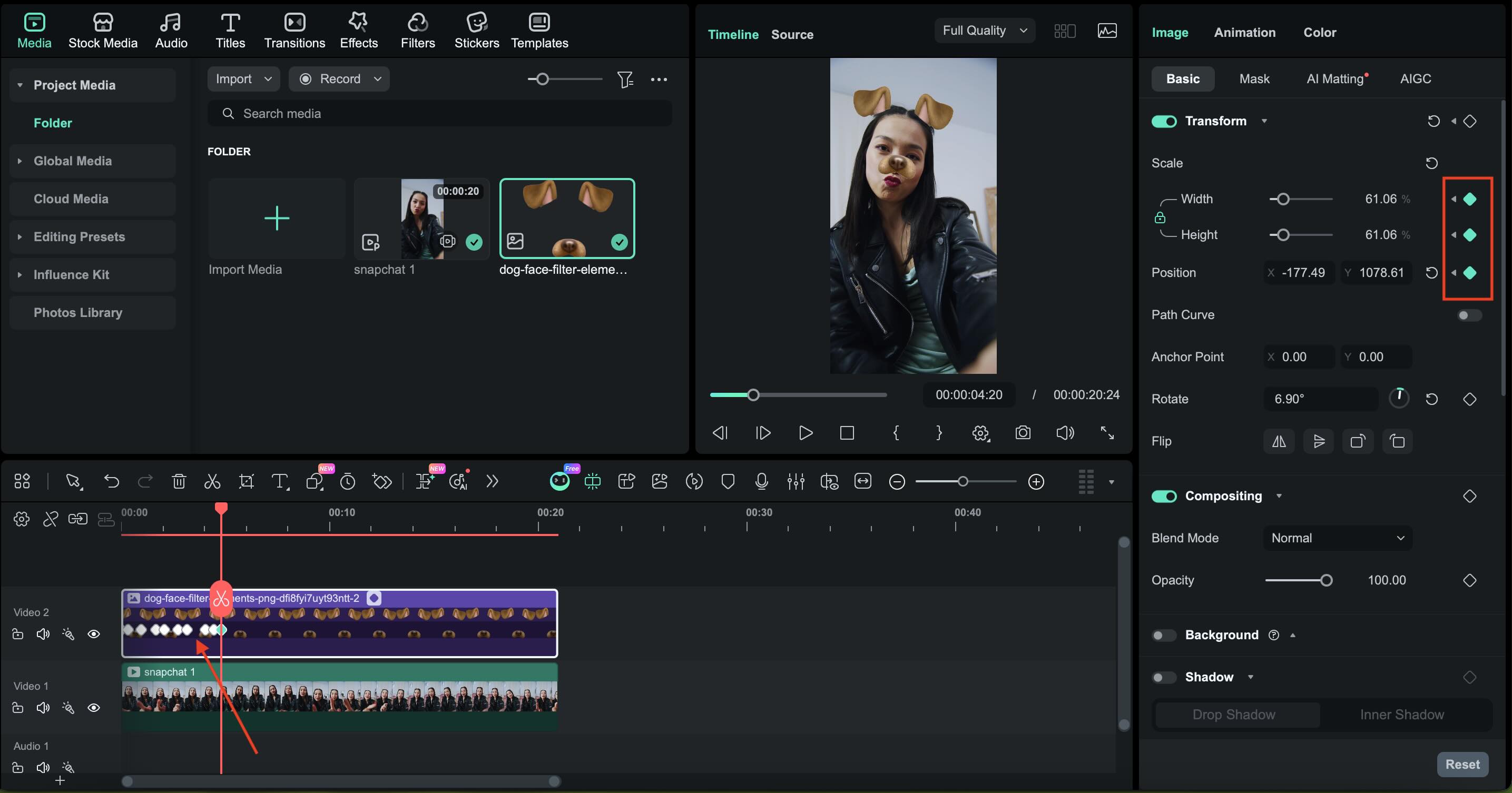 apply keyframes to adjust the position