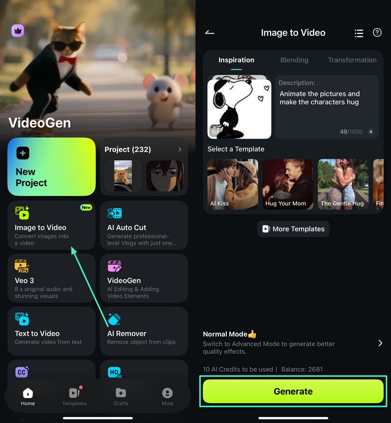 opening Filmora App to create Snoopy matching PFP animations