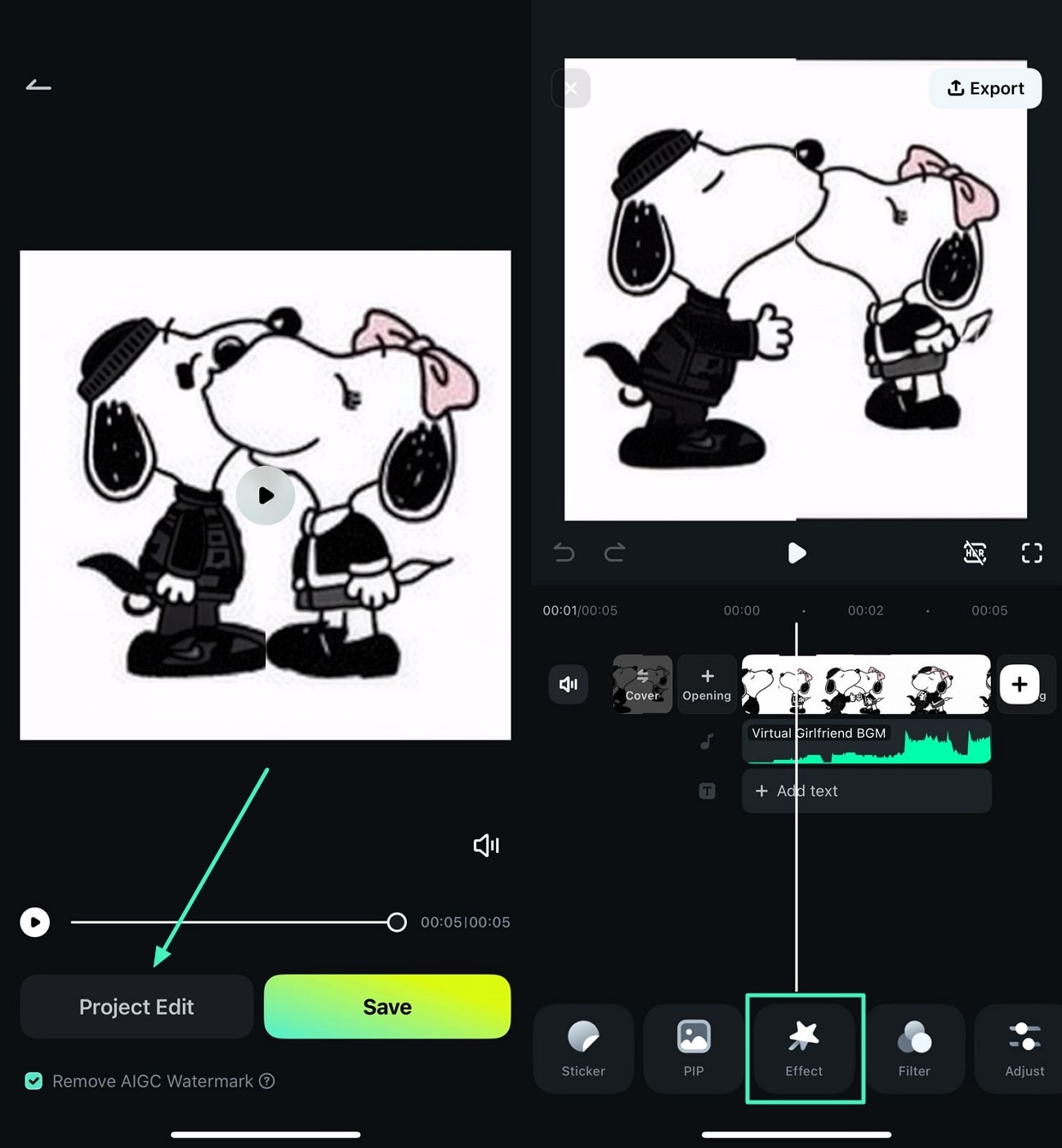previewing and editing the generated Snoopy PFP video