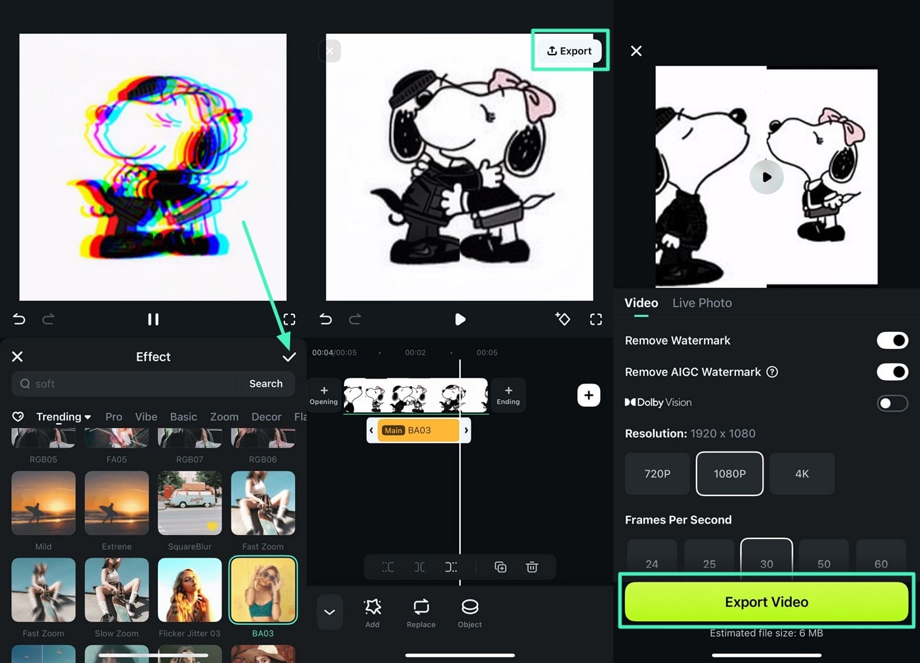 applying effects before exporting Snoopy PFP video