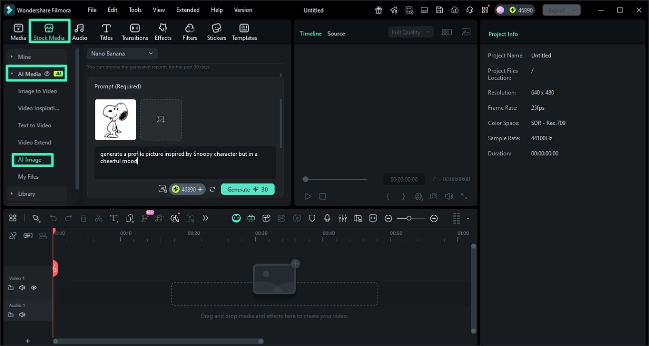using Filmora AI Image feature to generate a cute Snoopy PFP