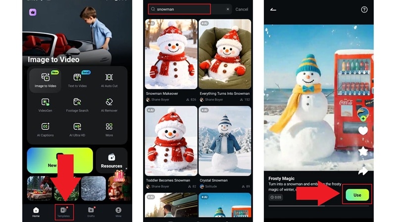 select snowman template in filmora mobile