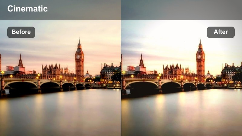 Soft amber glow filter on a rooftop city sunset skyline with warm tones.