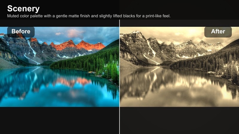 Muted countryside landscape with matte vintage film look