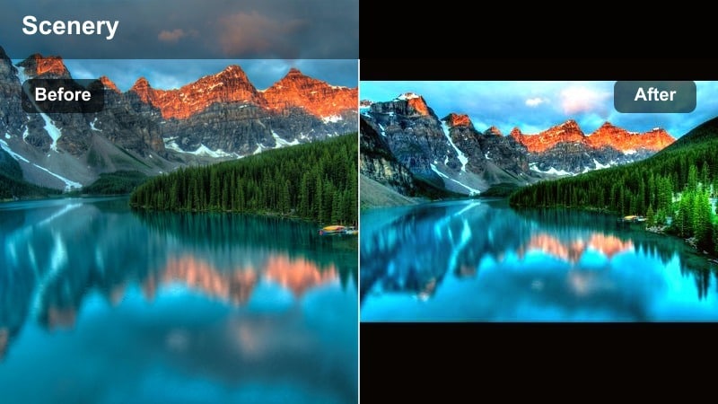 Before and after TikTok beach video with soft turquoise glow filter